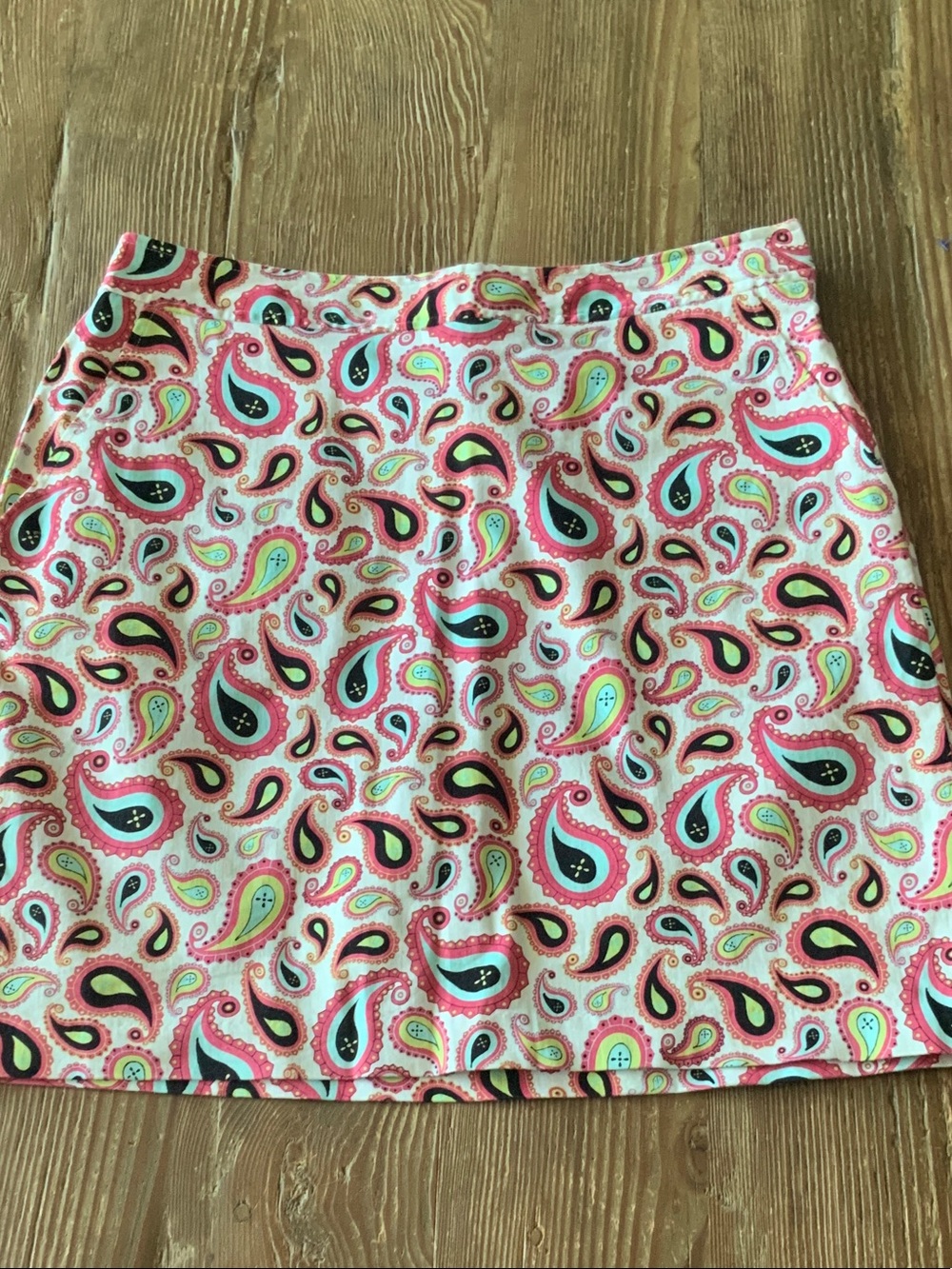 Fairway & Greene cotton Pink Paisley Mini Skirt Teal, Black & Yellow Accents